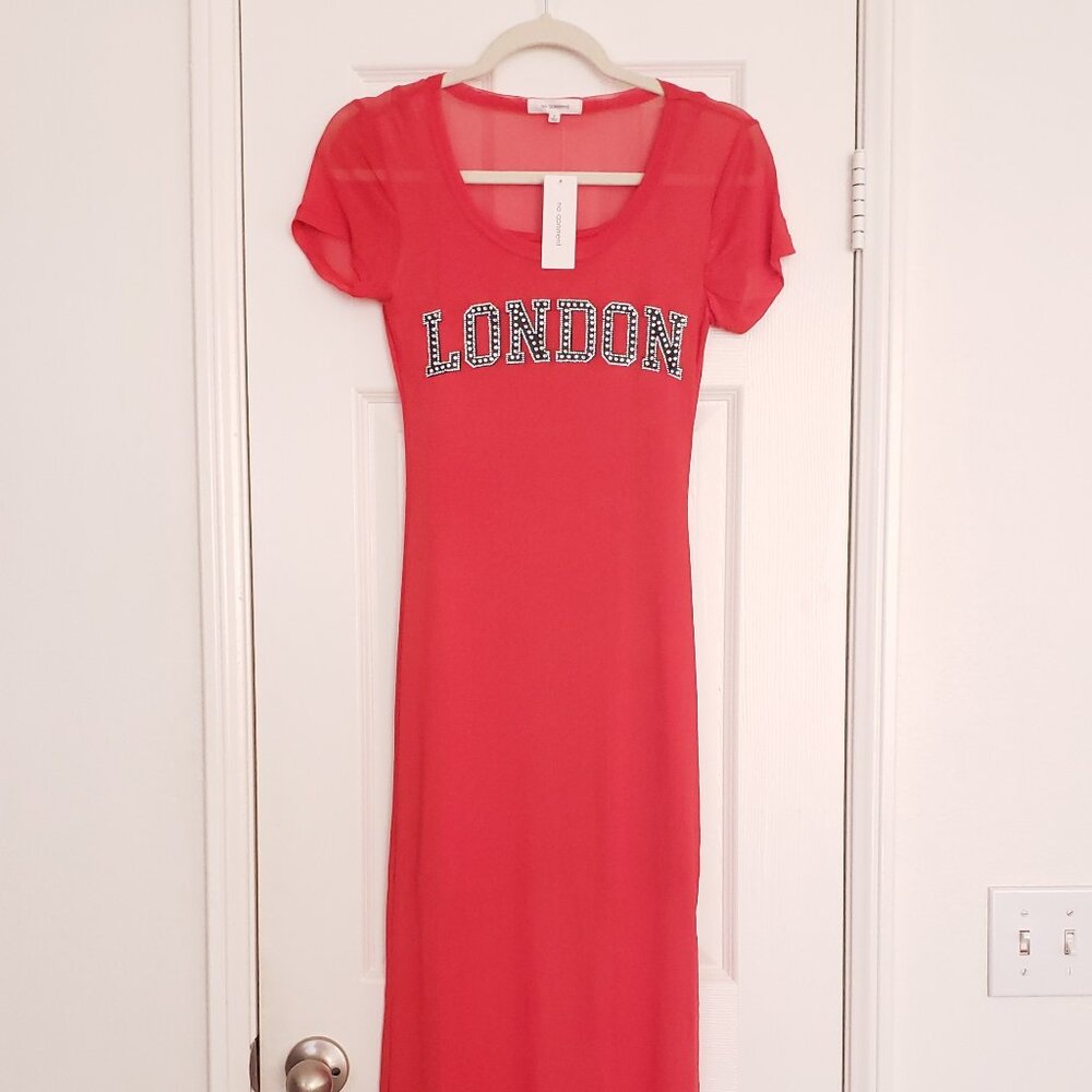 No Comment Red Short Sleeve Bedazzled London Text Sheer Mesh Long Dress Size L